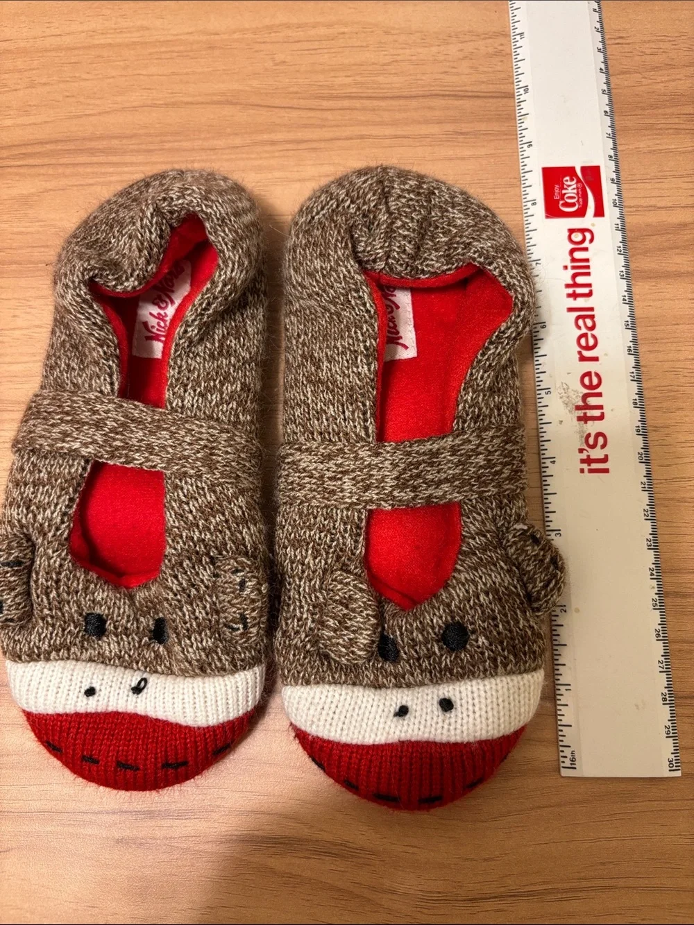 Nick & Nora Brown and Red Sock Slippers with Monkey Face